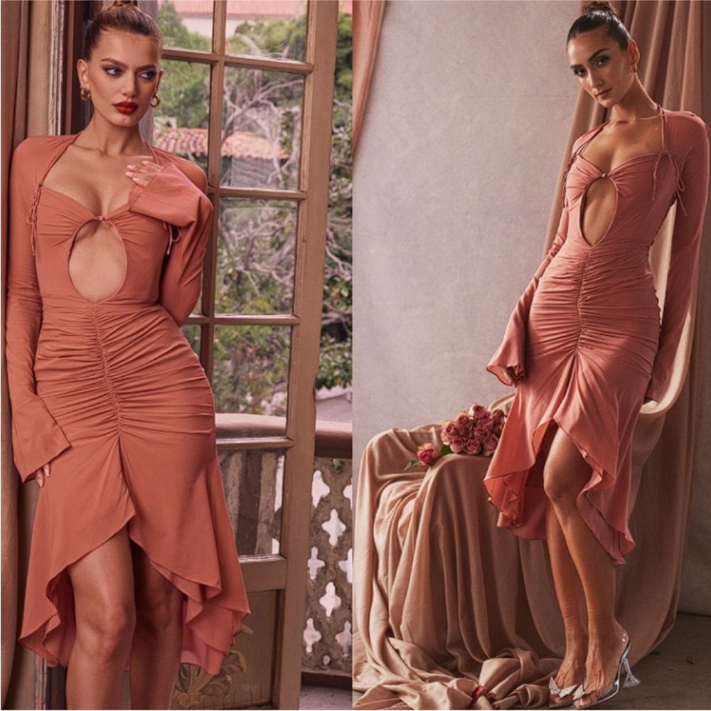 HOUSE OF CB 'Reine' Rose Real Silk Ruffle Midi Dress NWOT size M
